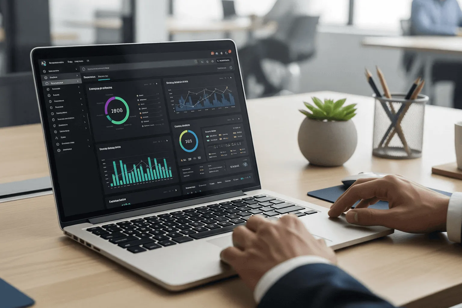 A person analyzing marketing strategy data on a laptop dashboard.