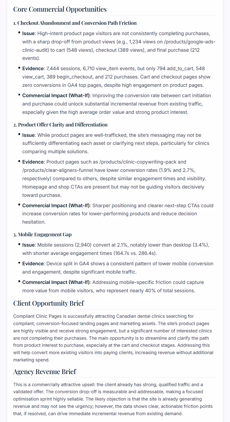 Core Commercial Opportunities, Client Opportunity Brief, and Agency Revenue Brief sections from an Agency Upsell Opportunities report